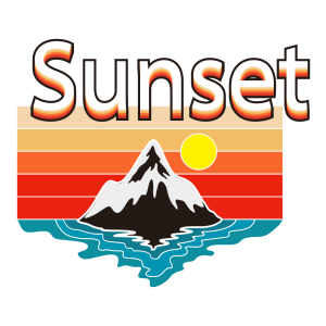 Premium cotton t-shirt featuring a vintage sunset illustration with mountains and sea waves.
